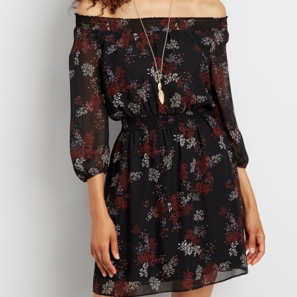 MAURICES Off the Shoulder Floral Print Chiffon Dress Black Red Leaf 3/4 Sleeve L